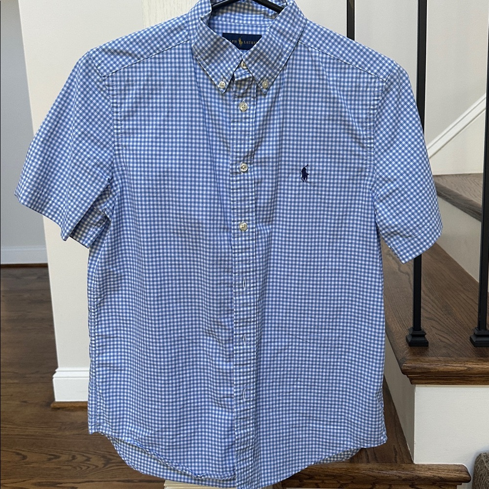 Boys Ralph Lauren Polo Shirt Button Down Blue White Gingham Short Sleeve Size L